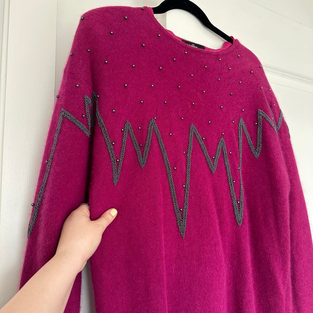 Cee Gee by Sue Wong (S) Vintage Purple/Pink Angora Wool Beaded Midi Dress 80s - Picture 6 of 7